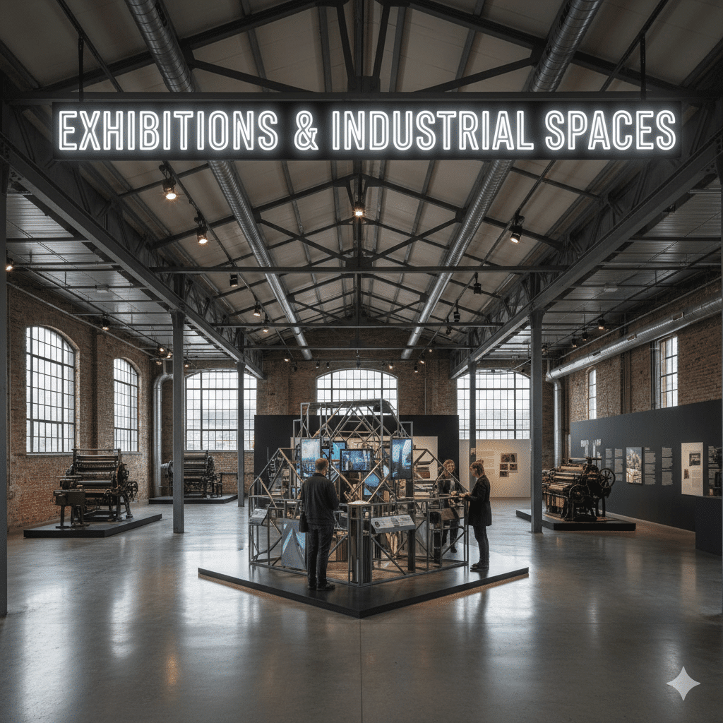 A clean, industrial warehouse with high ceilings.