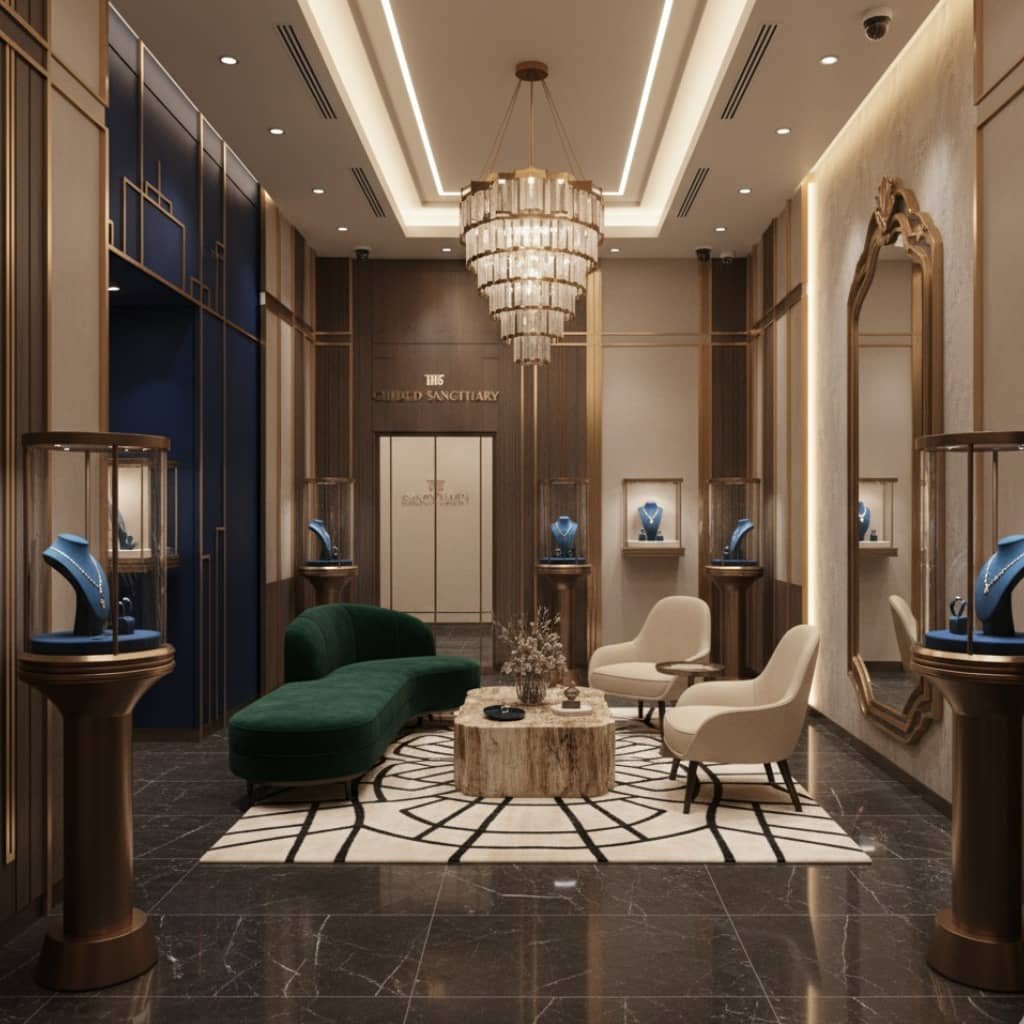 Luxury jewelry shop with display cases