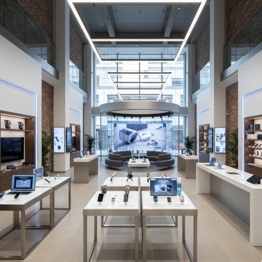 Modern electronics store with interactive displays