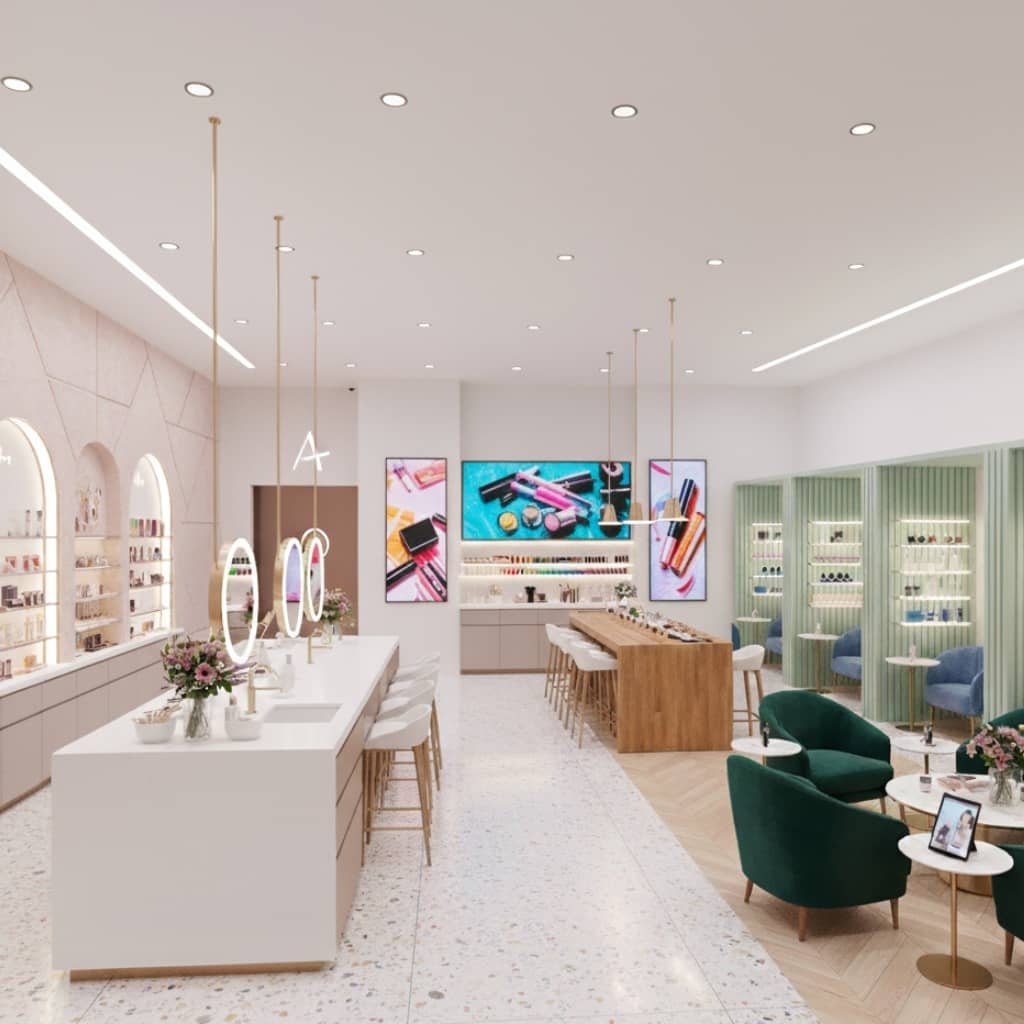 Stylish cosmetics store with makeup displays