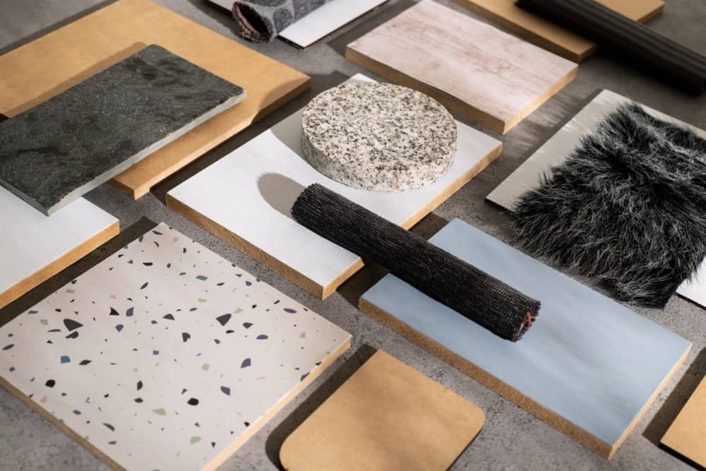 Samples of interior design materials like wood, fabric, and stone