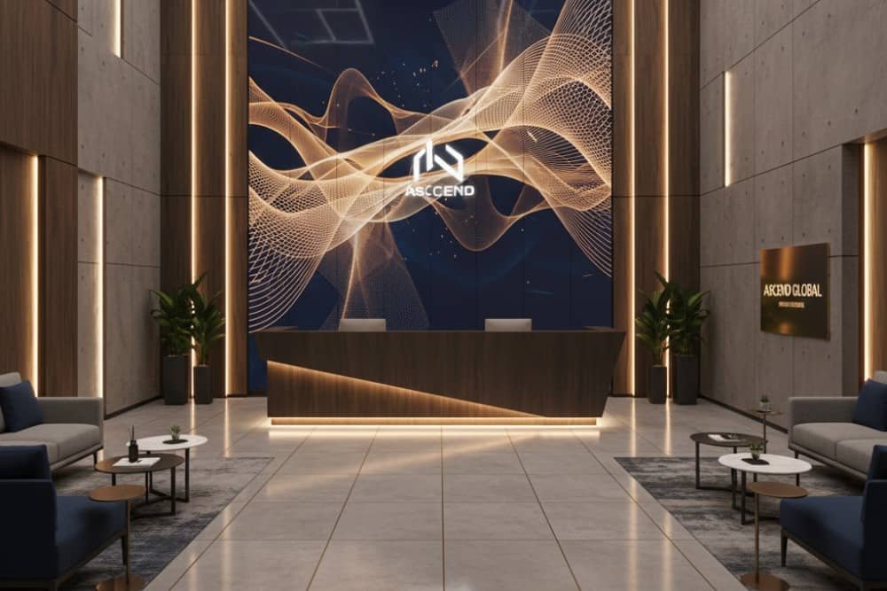 Modern office reception with company branding