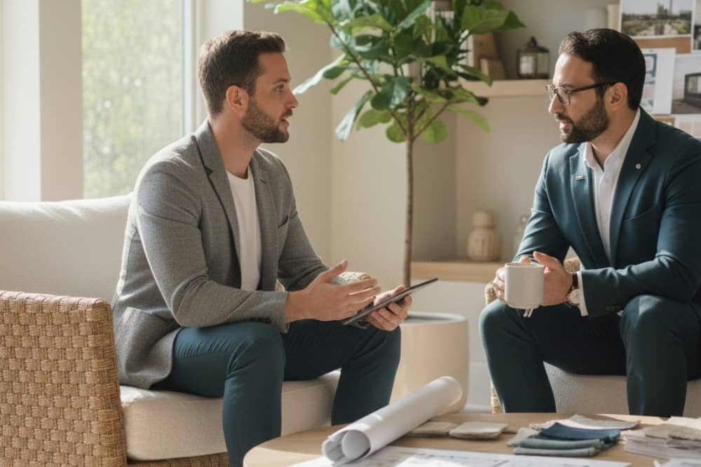 Two designers discussing plans and swatches
