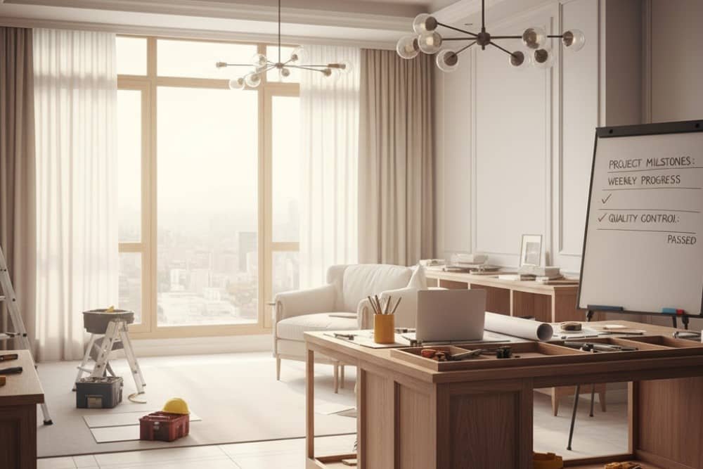 Construction site with blueprints and tools